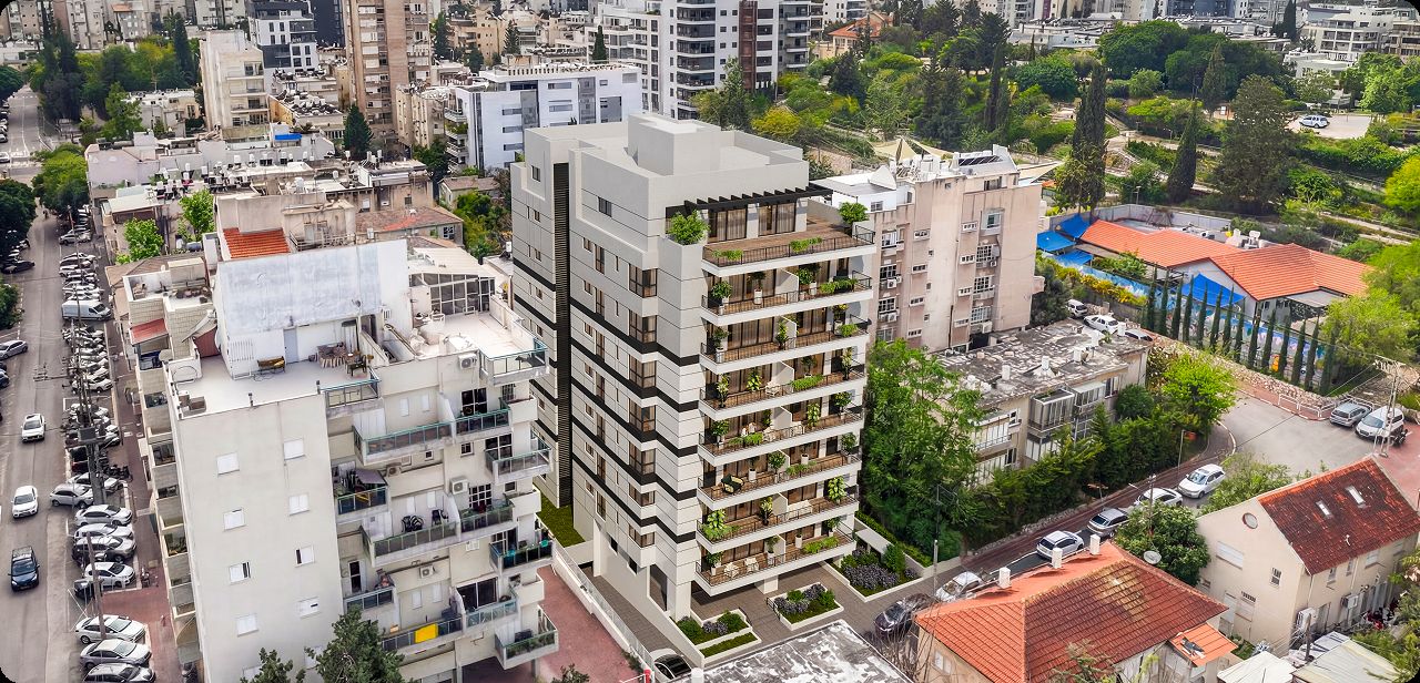הדמיה אווירית של הבניין בתוך שכונת יד לבנים
